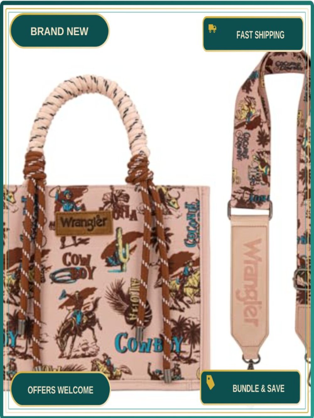 Western Tote Bag Cotton Canvas Adjustable Strap Rope Handles Zip Top